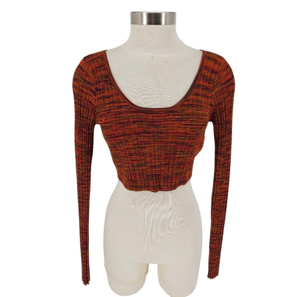 Guess Anika Cropped Shirt Multicolor Space Dye Long Sleeve Rib Knit Large